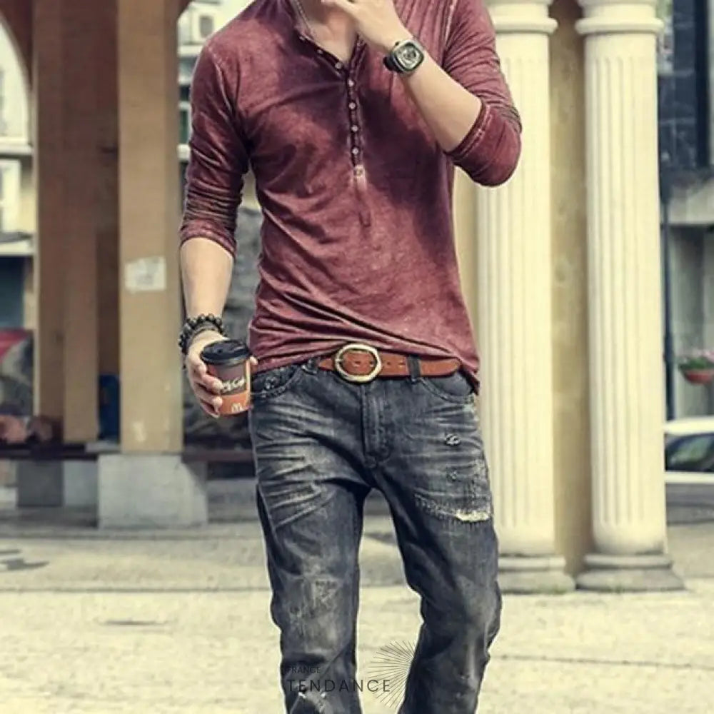 T-shirt Boutonné à Col En v | France-Tendance